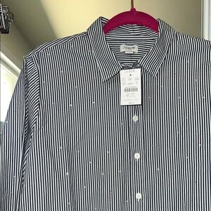 J. Crew Women’s Crystal Embellished Navy and White Striped Button Down Shirt NWT